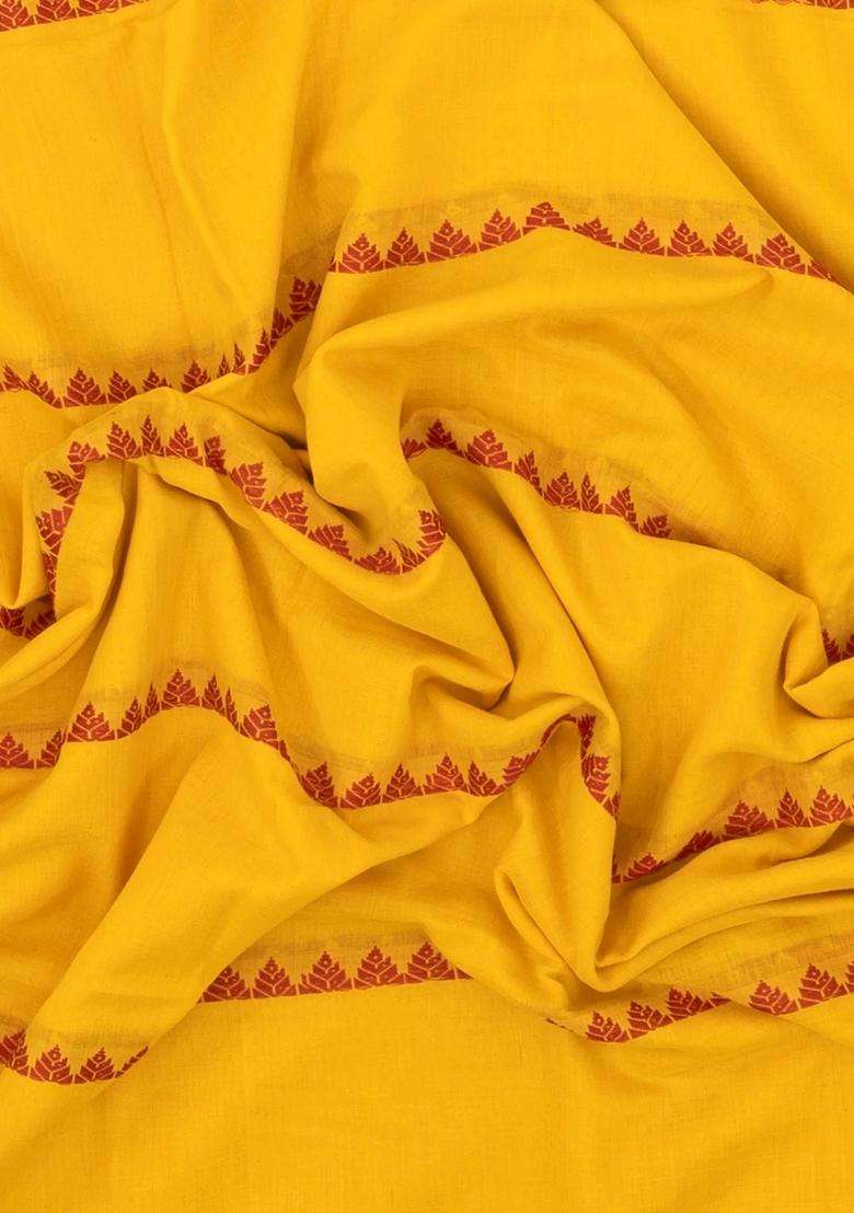 Yellow Handwoven Bengal Cotton Saree With Temple Stripes With Korvai And Temple Border Design For Women - Indya