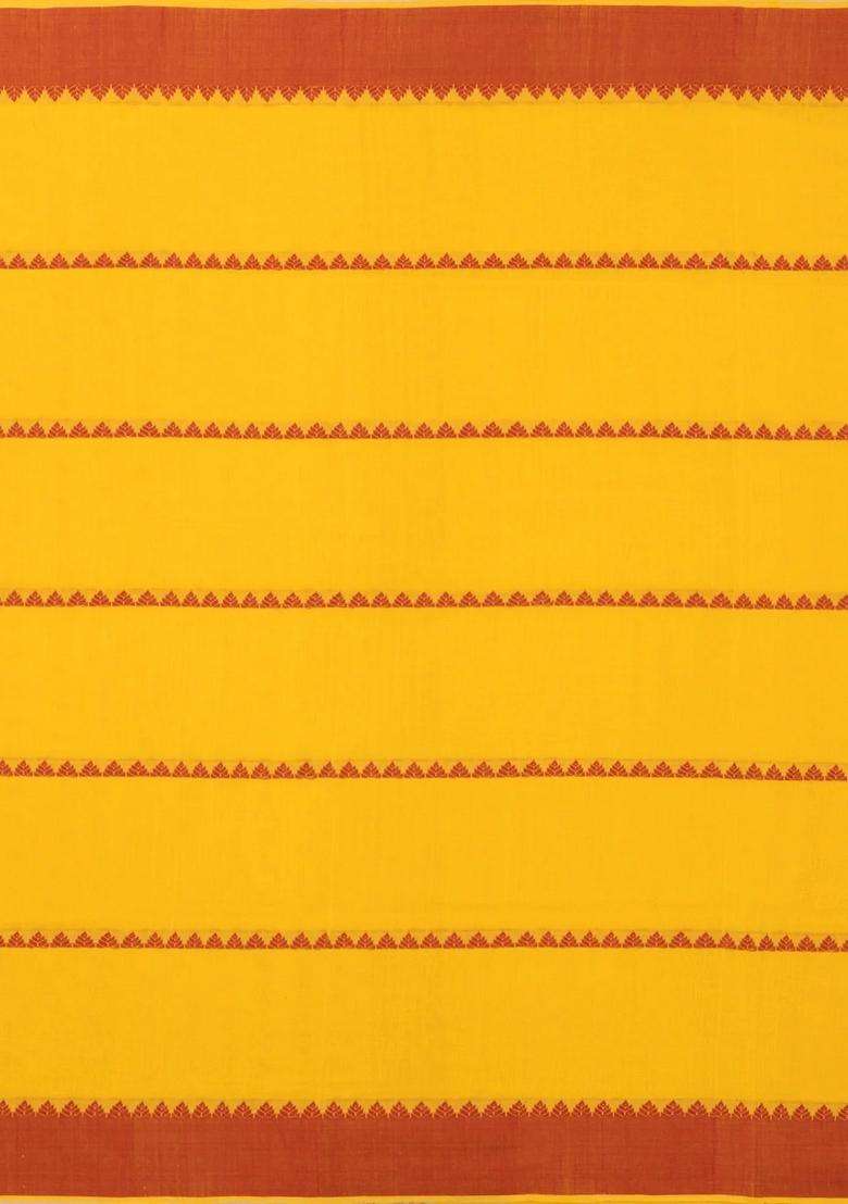 Yellow Handwoven Bengal Cotton Saree With Temple Stripes With Korvai And Temple Border Design For Women - Indya