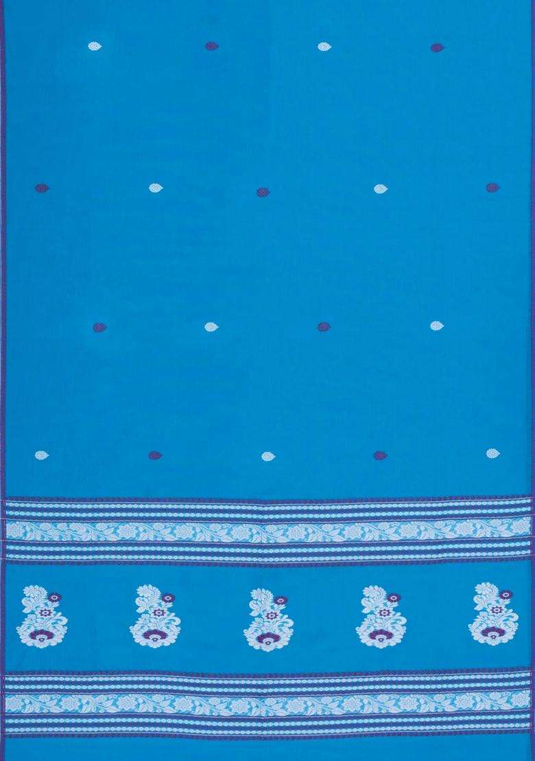 Sky Blue Handwoven Bengal Cotton Saree With Floral Buttas With Buttas And Brocade Design For Women - Indya