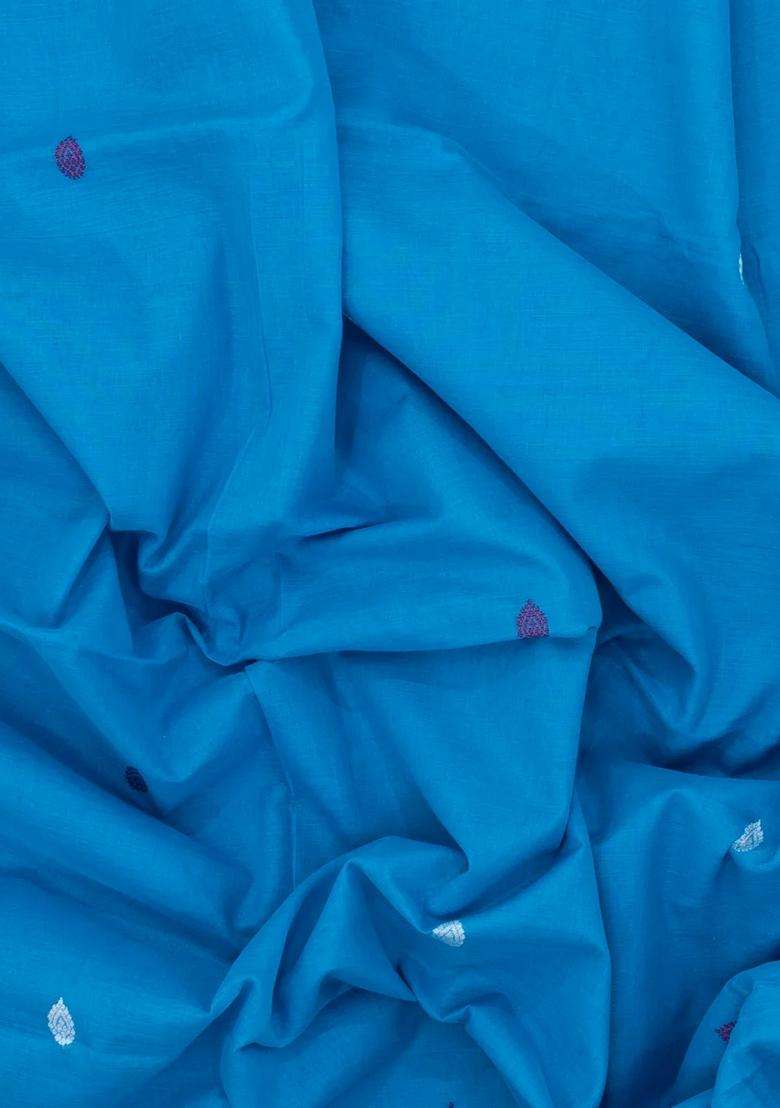 Sky Blue Handwoven Bengal Cotton Saree With Floral Buttas With Buttas And Brocade Design For Women - Indya