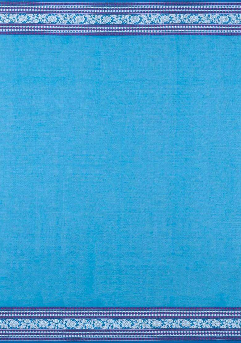 Sky Blue Handwoven Bengal Cotton Saree With Floral Buttas With Buttas And Brocade Design For Women - Indya