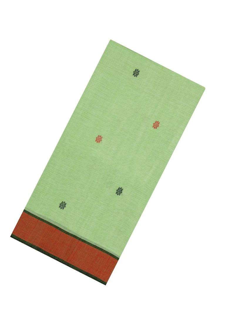 Light Green Handwoven Bengal Cotton Saree With Floral Buttas With Buttas And Brocade Design For Women - Indya