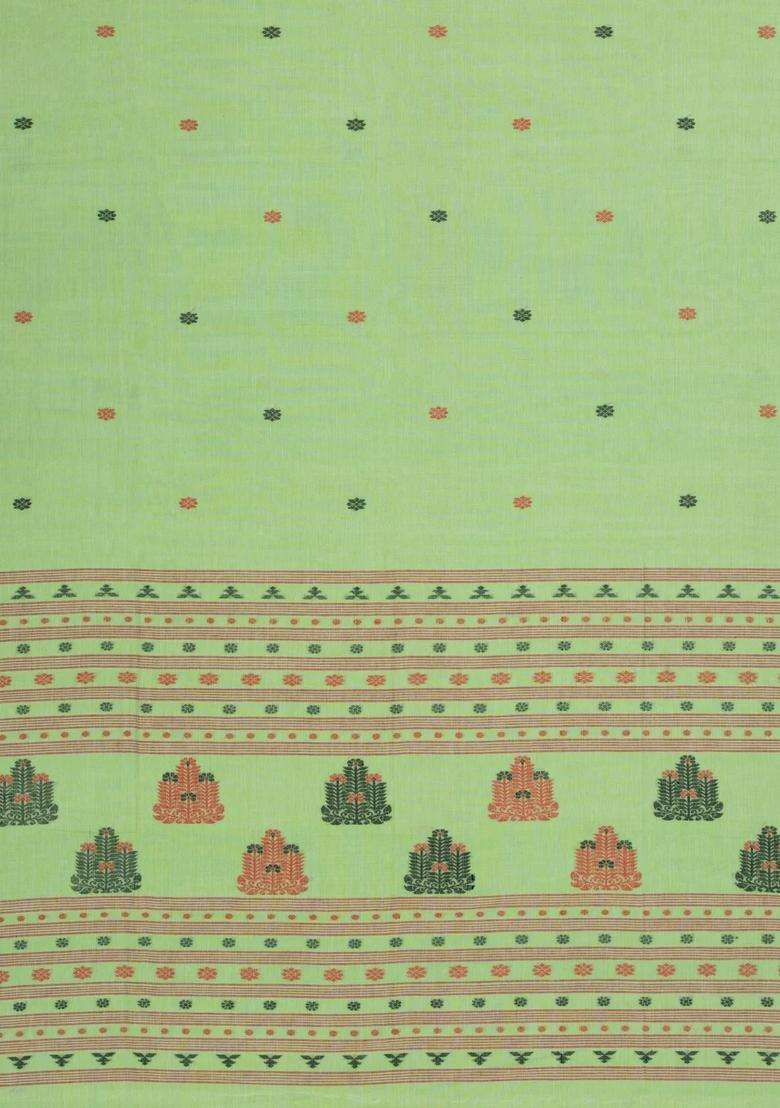 Light Green Handwoven Bengal Cotton Saree With Floral Buttas With Buttas And Brocade Design For Women - Indya