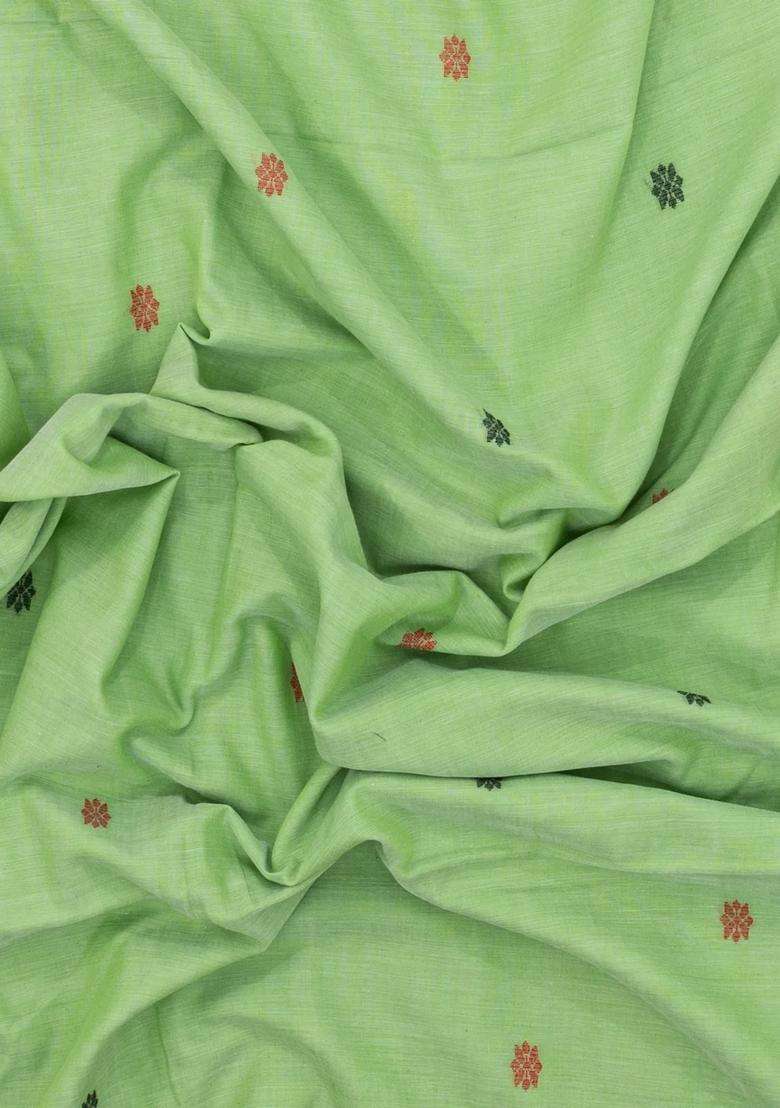 Light Green Handwoven Bengal Cotton Saree With Floral Buttas With Buttas And Brocade Design For Women - Indya