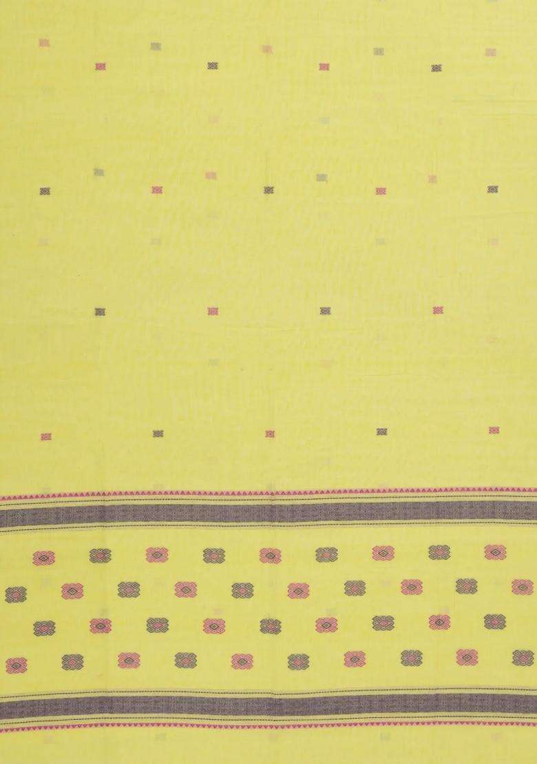 Yellow Handwoven Bengal Cotton Saree With Diamond Buttas With Buttas And Brocade Design For Women - Indya