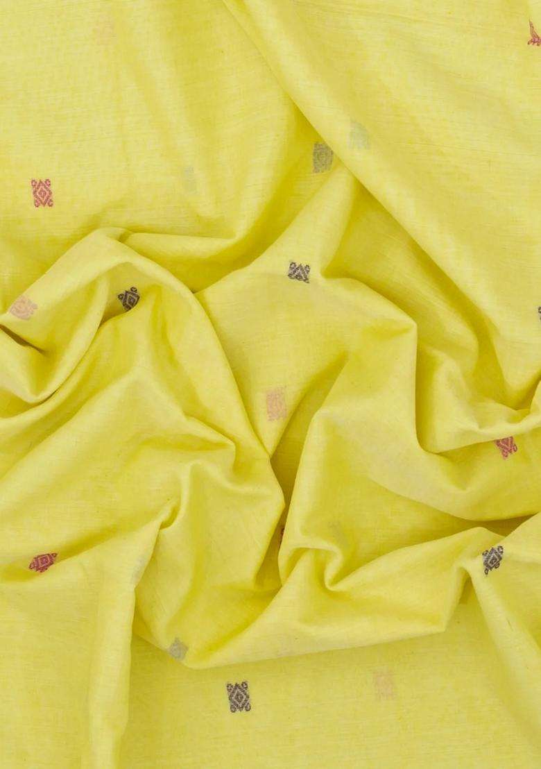 Yellow Handwoven Bengal Cotton Saree With Diamond Buttas With Buttas And Brocade Design For Women - Indya