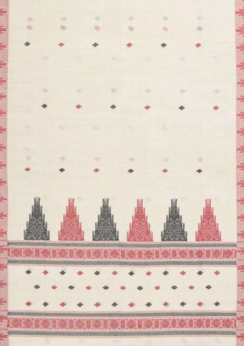 Off White Handwoven Bengal Cotton Saree With Diamond Buttas With Buttas And Brocade Design For Women - Indya