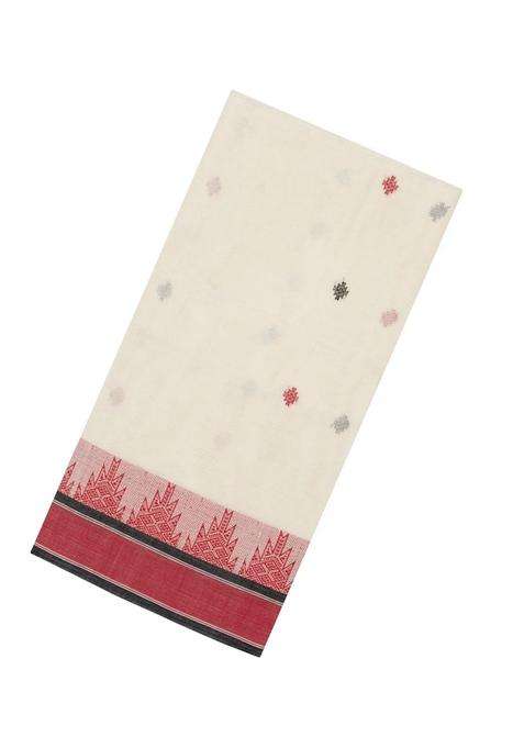 Off White Handwoven Bengal Cotton Saree With Diamond Buttas With Buttas And Brocade Design For Women