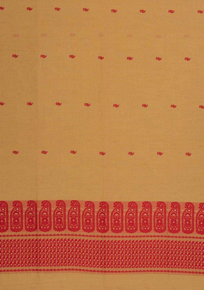 Sandal Handwoven Bengal Cotton Saree With Mango Buttas With Buttas And Brocade Design For Women - Indya