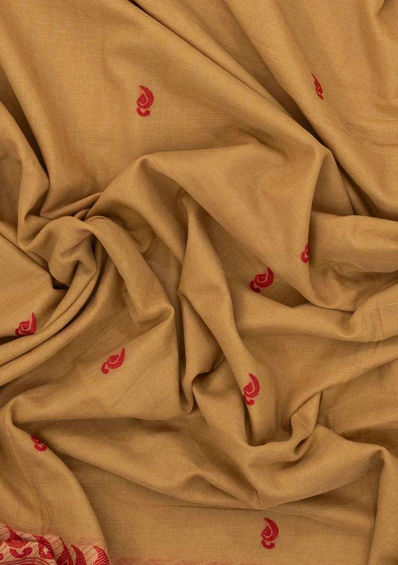 Sandal Handwoven Bengal Cotton Saree With Mango Buttas With Buttas And Brocade Design For Women - Indya