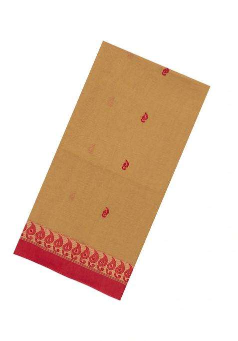 Sandal Handwoven Bengal Cotton Saree With Mango Buttas With Buttas And Brocade Design For Women