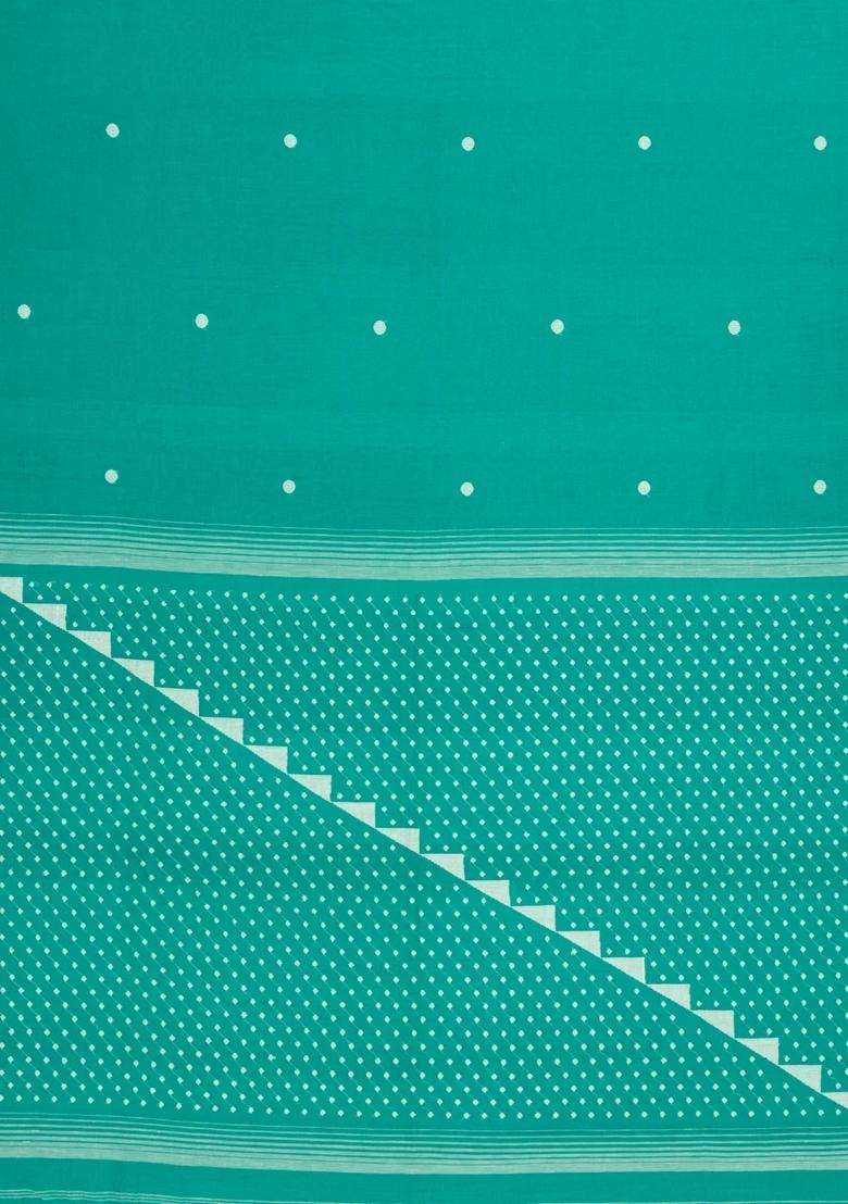 Turquoise Handwoven Bengal Cotton Saree With Coin Buttas With Buttas And Brocade Design For Women - Indya