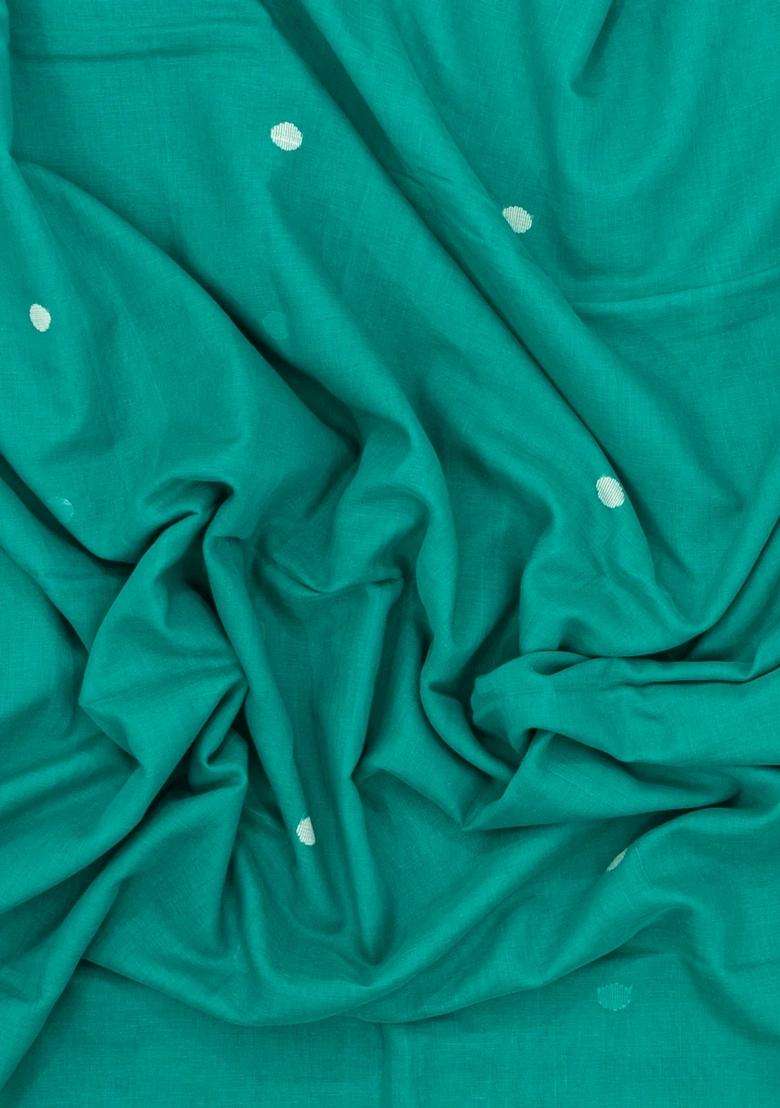Turquoise Handwoven Bengal Cotton Saree With Coin Buttas With Buttas And Brocade Design For Women - Indya