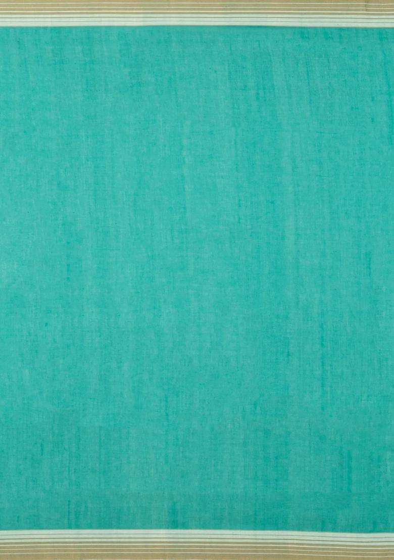 Turquoise Handwoven Bengal Cotton Saree With Coin Buttas With Buttas And Brocade Design For Women - Indya