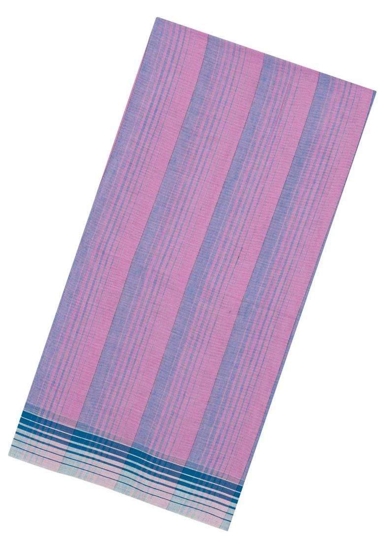 Pink Grey Handwoven Bengal Cotton Saree With Stripes With Checks And Stripes Design For Women - Indya