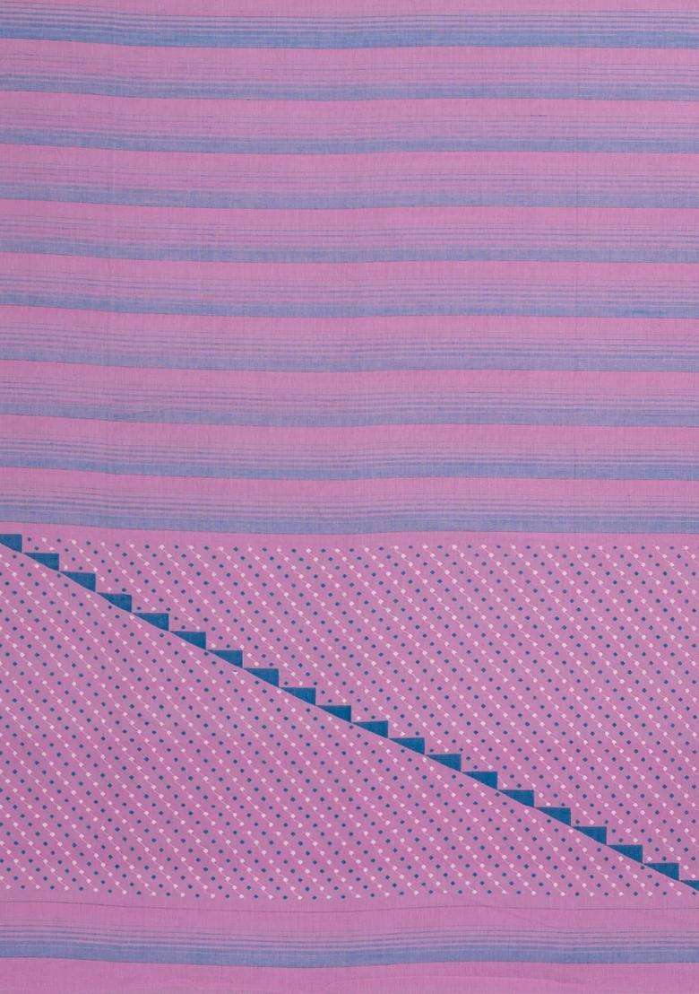 Pink Grey Handwoven Bengal Cotton Saree With Stripes With Checks And Stripes Design For Women - Indya