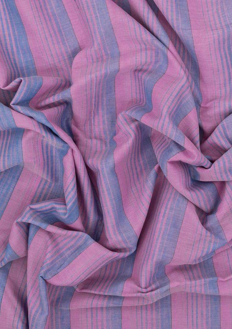 Pink Grey Handwoven Bengal Cotton Saree With Stripes With Checks And Stripes Design For Women - Indya