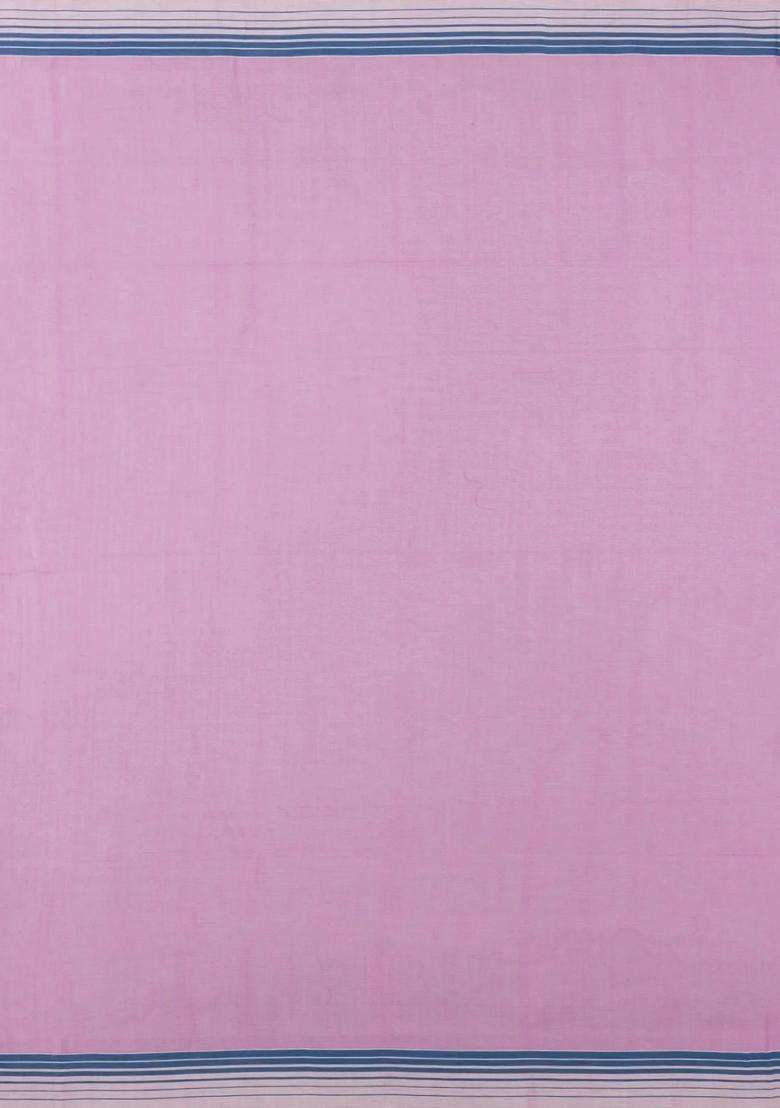 Pink Grey Handwoven Bengal Cotton Saree With Stripes With Checks And Stripes Design For Women - Indya