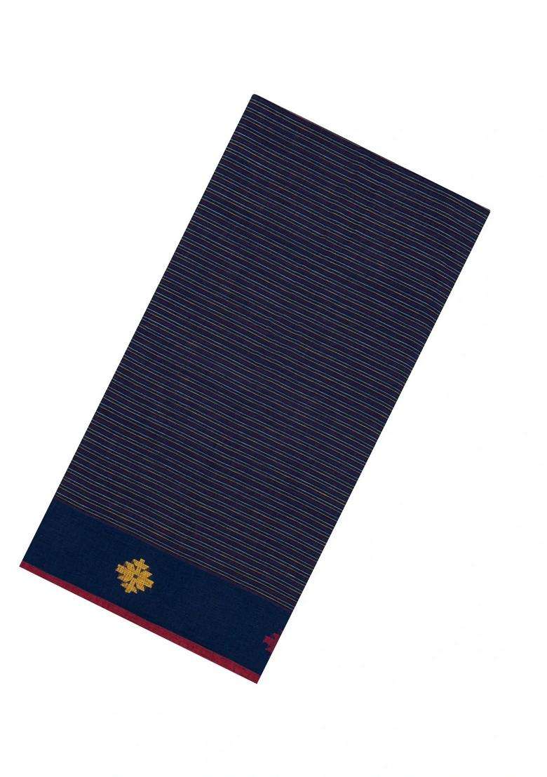 Navy Blue Handwoven Bengal Cotton Saree With Floral Buttas With Buttas And Brocade Design For Women - Indya
