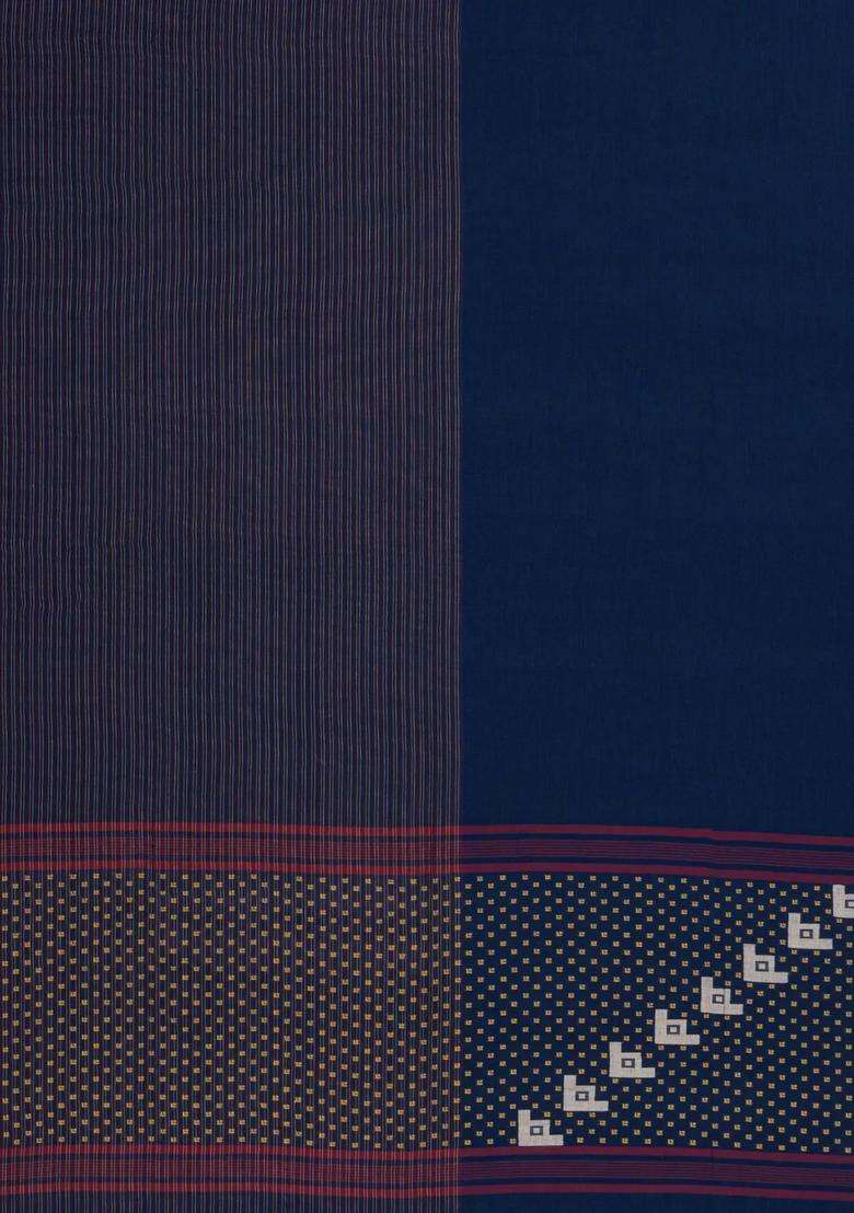 Navy Blue Handwoven Bengal Cotton Saree With Floral Buttas With Buttas And Brocade Design For Women - Indya