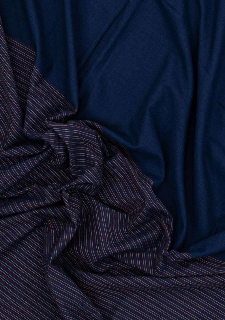 Navy Blue Handwoven Bengal Cotton Saree With Floral Buttas With Buttas And Brocade Design For Women - Indya