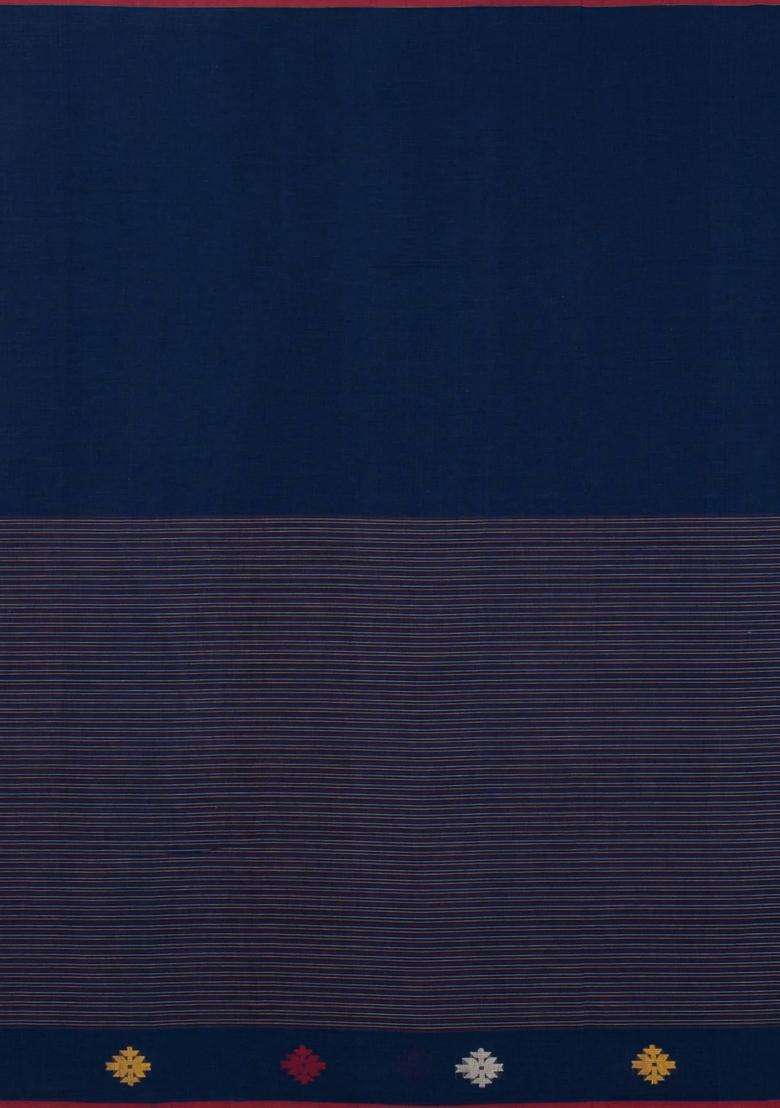 Navy Blue Handwoven Bengal Cotton Saree With Floral Buttas With Buttas And Brocade Design For Women - Indya