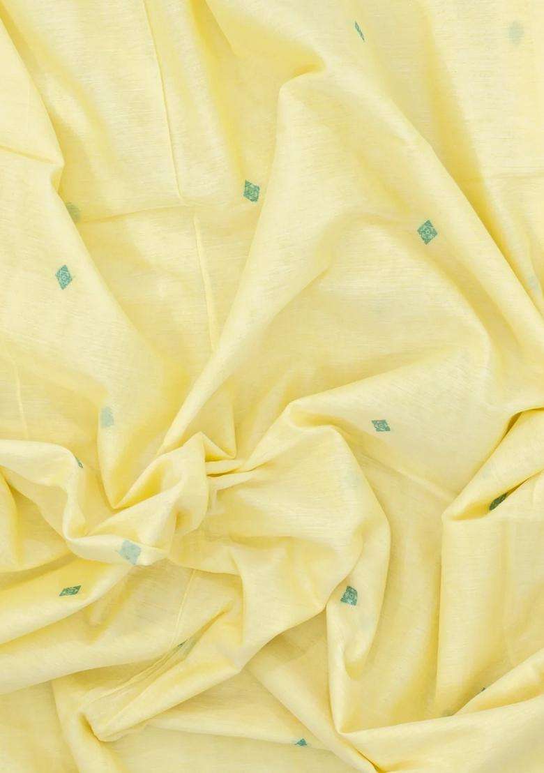 Lime Yellow Light Yellow Handwoven Bengal Cotton Saree With Diamond Buttas With Buttas And Brocade Design For Women - Indya