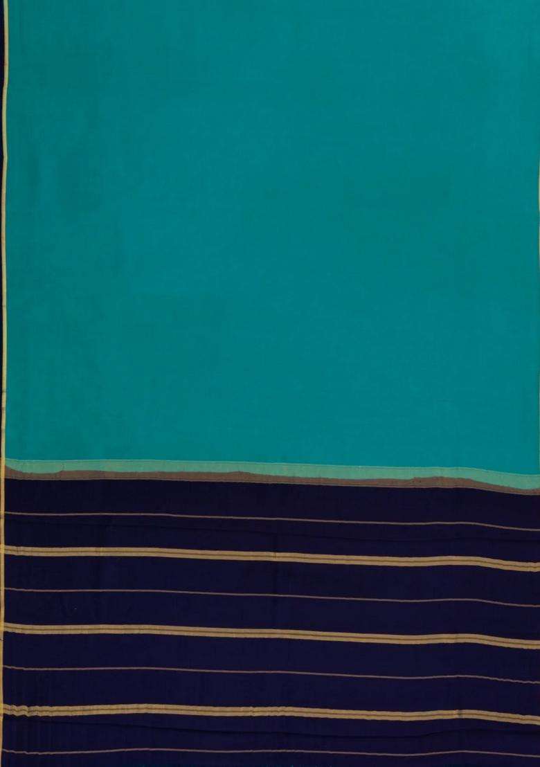 Cyan Woven Mysore Silk Crepe Saree With Contrast Navy Blue Border With Traditional Woven Design For Women - Indya