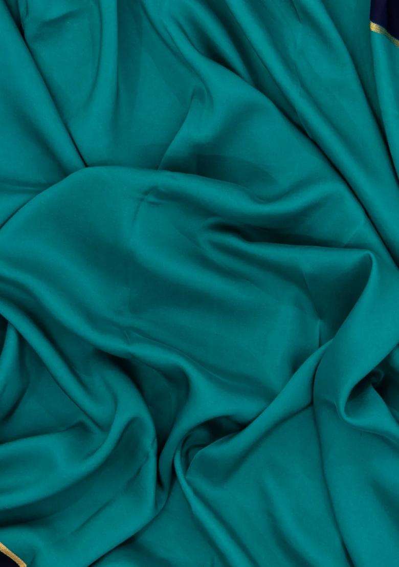 Cyan Woven Mysore Silk Crepe Saree With Contrast Navy Blue Border With Traditional Woven Design For Women - Indya
