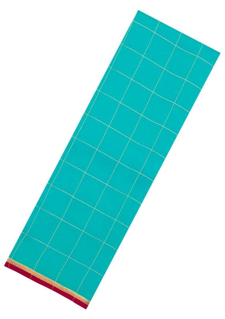 Turquoise Woven Mysore Silk Crepe Saree With Pure Zari Checks With Checks And Stripes Design For Women - Indya