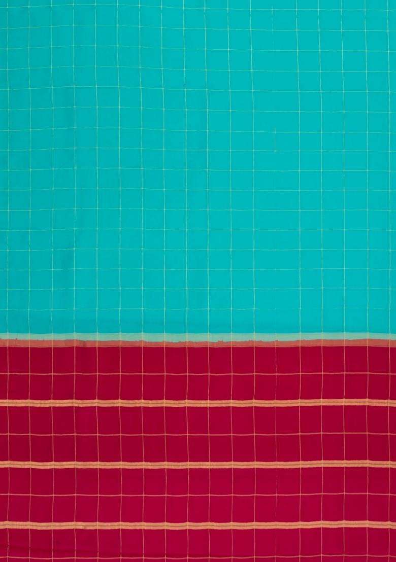 Turquoise Woven Mysore Silk Crepe Saree With Pure Zari Checks With Checks And Stripes Design For Women - Indya