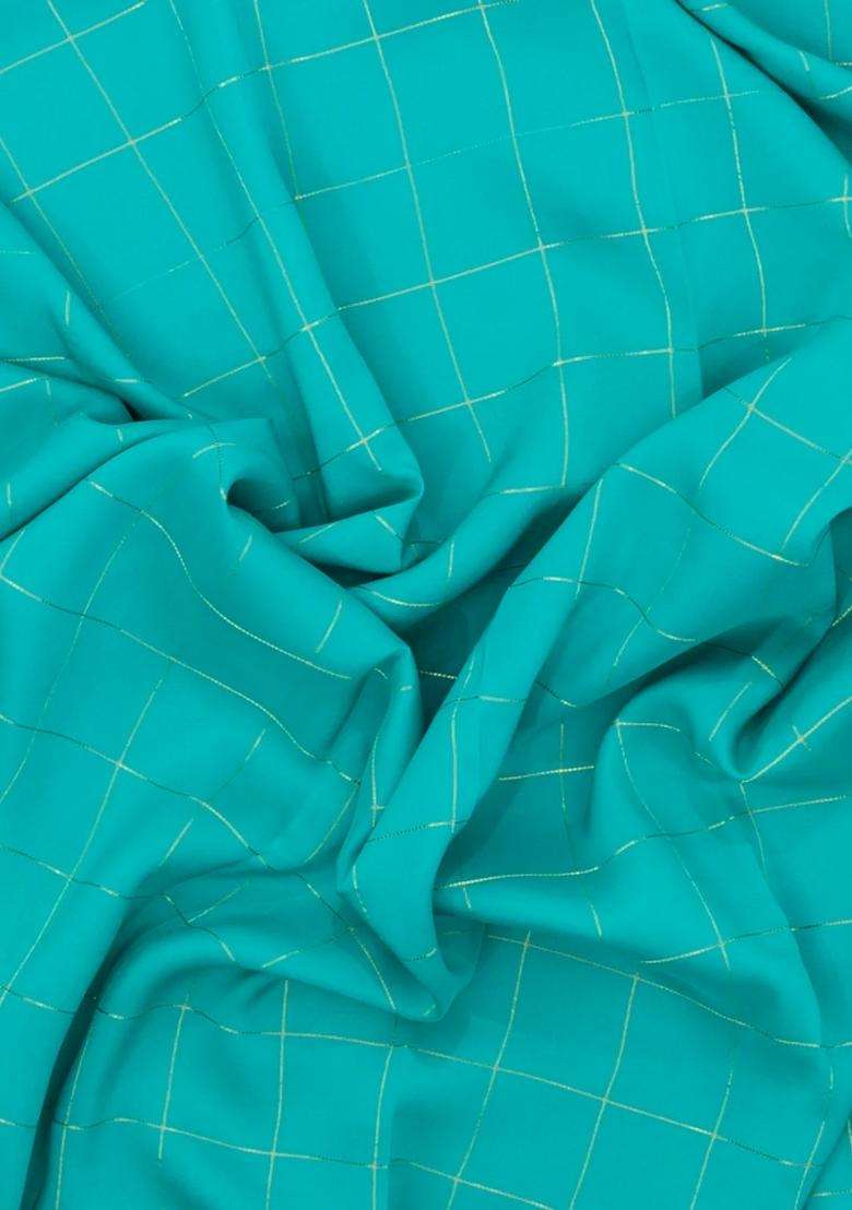 Turquoise Woven Mysore Silk Crepe Saree With Pure Zari Checks With Checks And Stripes Design For Women - Indya