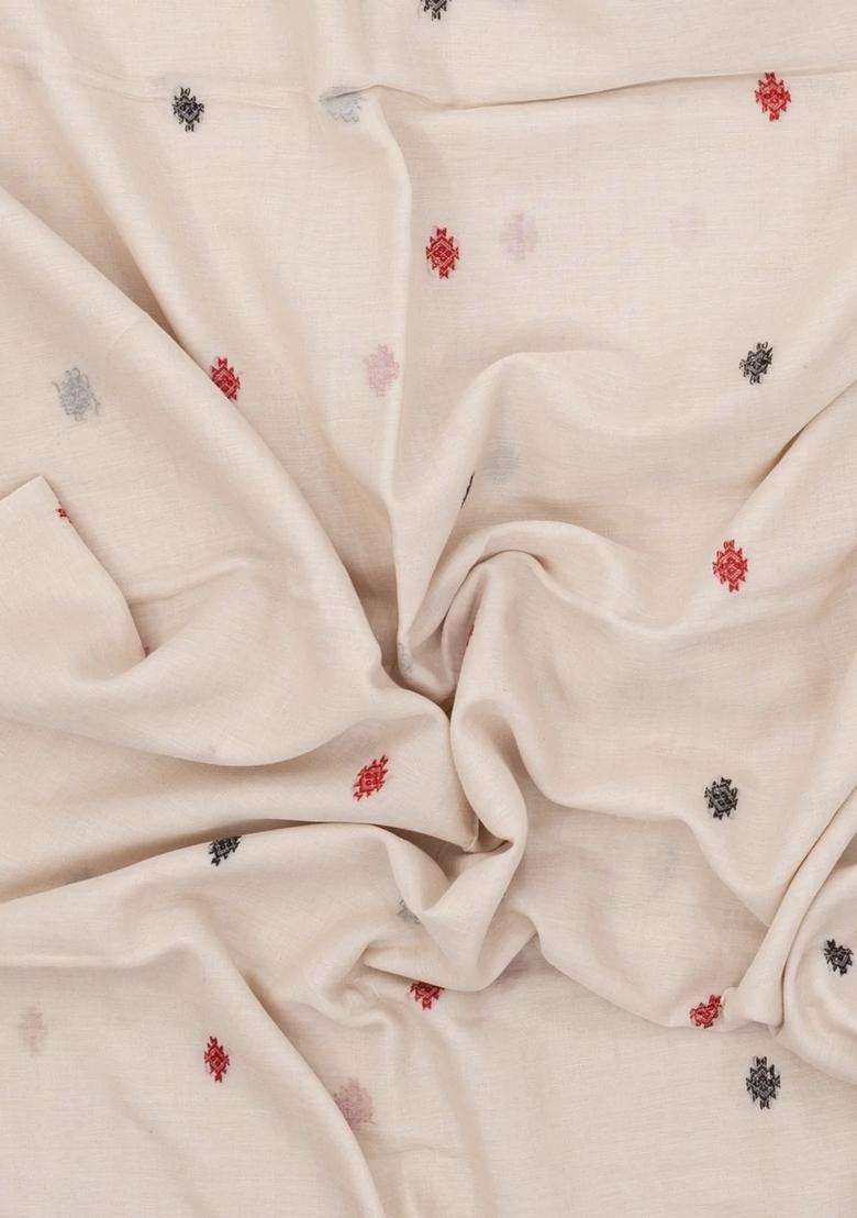 Off White Handloom Bengal Cotton Saree With Diamond Buttas With Buttas And Brocade Design For Women - Indya