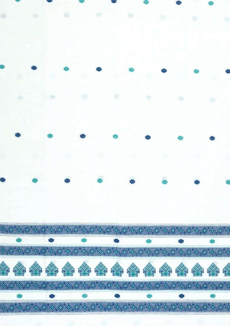 White Handloom Bengal Cotton Saree With Meena Buttas With Buttas And Brocade Design For Women - Indya