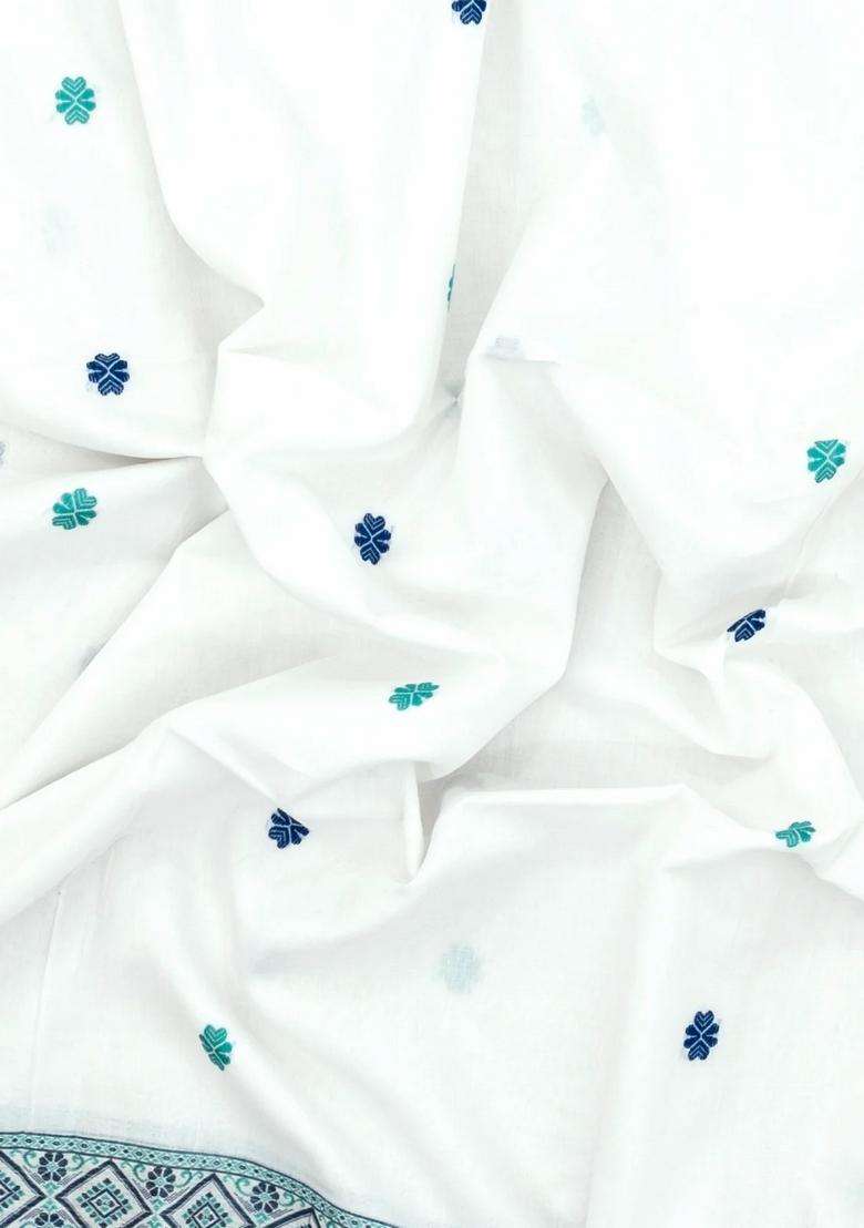 White Handloom Bengal Cotton Saree With Meena Buttas With Buttas And Brocade Design For Women - Indya