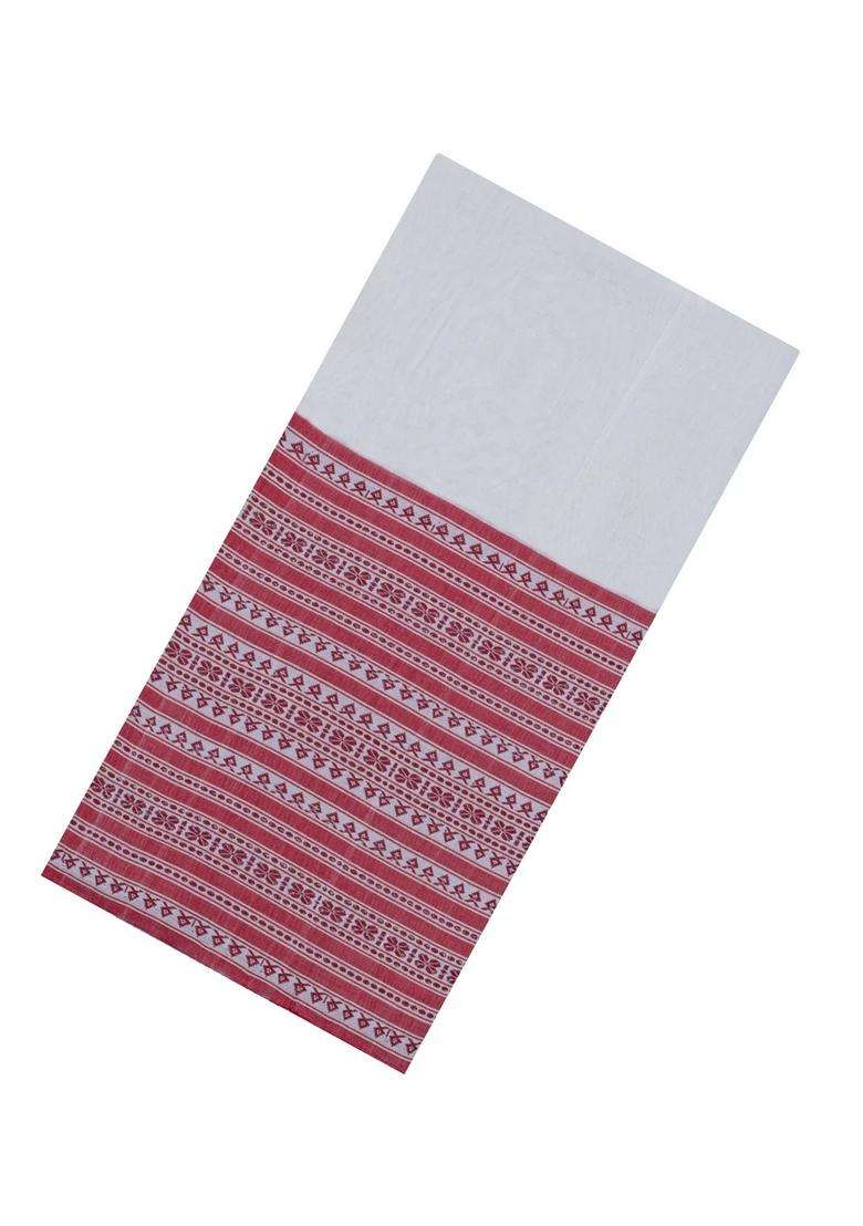 White Handloom Bengal Cotton Saree With Crimson Border With Traditional Woven Design For Women - Indya