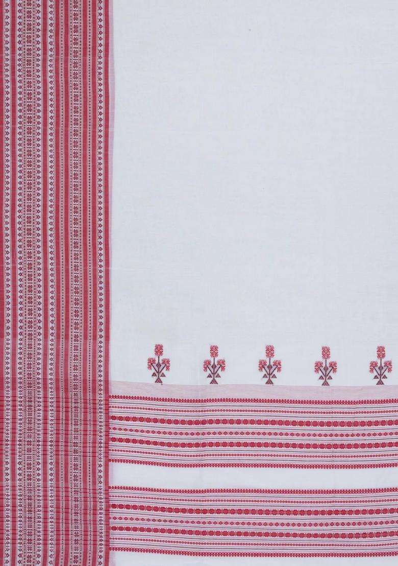 White Handloom Bengal Cotton Saree With Crimson Border With Traditional Woven Design For Women - Indya