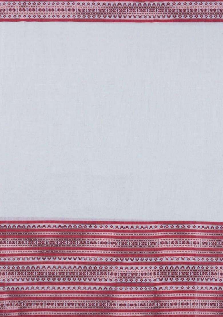 White Handloom Bengal Cotton Saree With Crimson Border With Traditional Woven Design For Women - Indya