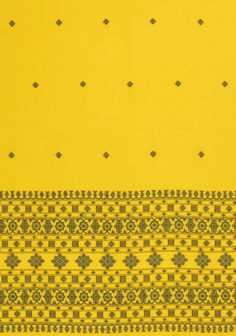 Yellow Handloom Bengal Cotton Saree With Black Buttas With Buttas And Brocade Design For Women - Indya