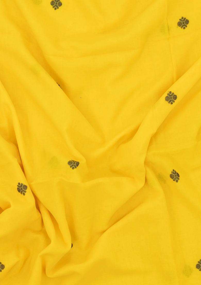 Yellow Handloom Bengal Cotton Saree With Black Buttas With Buttas And Brocade Design For Women - Indya