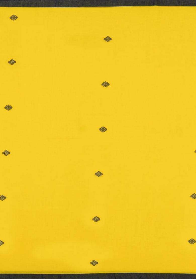 Yellow Handloom Bengal Cotton Saree With Black Buttas With Buttas And Brocade Design For Women - Indya