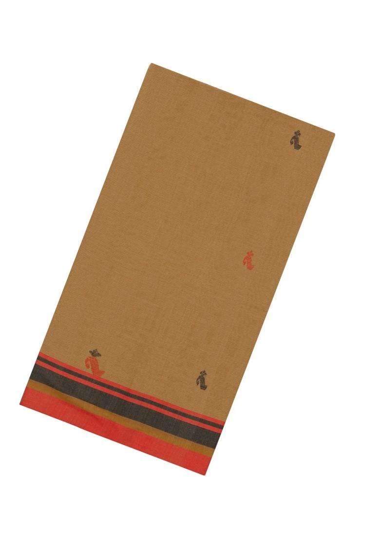 Dark Beige Handloom Bengal Cotton Saree With Floral Buttas With Buttas And Brocade Design For Women - Indya
