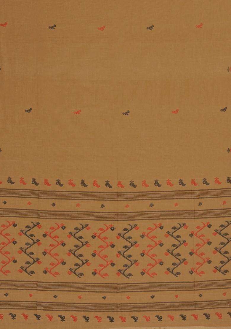 Dark Beige Handloom Bengal Cotton Saree With Floral Buttas With Buttas And Brocade Design For Women - Indya