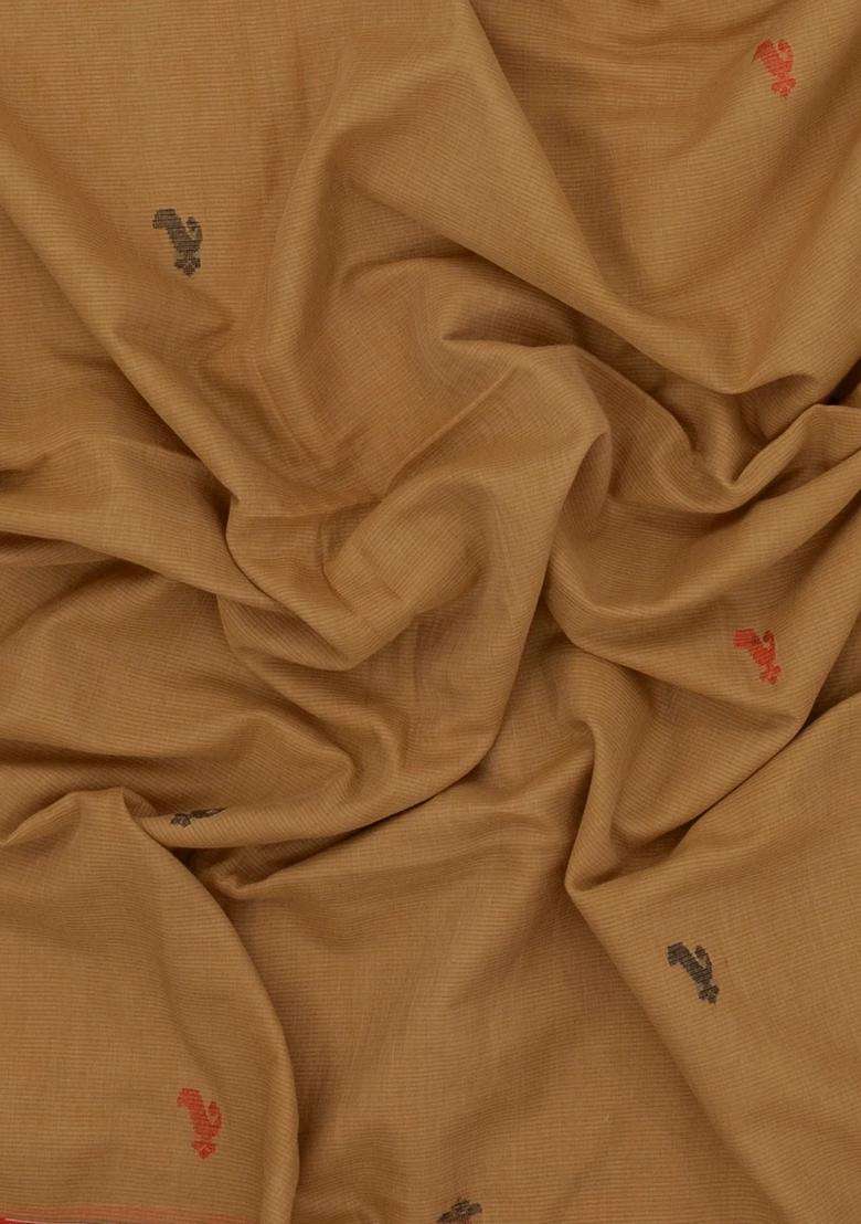 Dark Beige Handloom Bengal Cotton Saree With Floral Buttas With Buttas And Brocade Design For Women - Indya