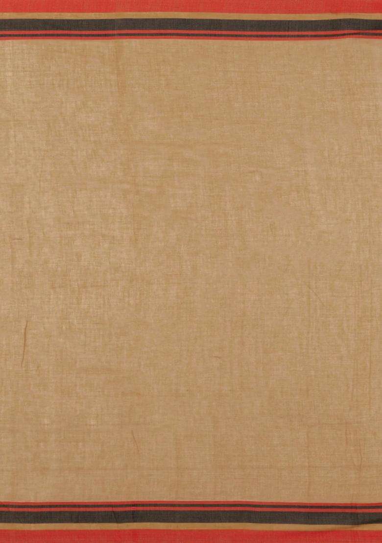 Dark Beige Handloom Bengal Cotton Saree With Floral Buttas With Buttas And Brocade Design For Women - Indya