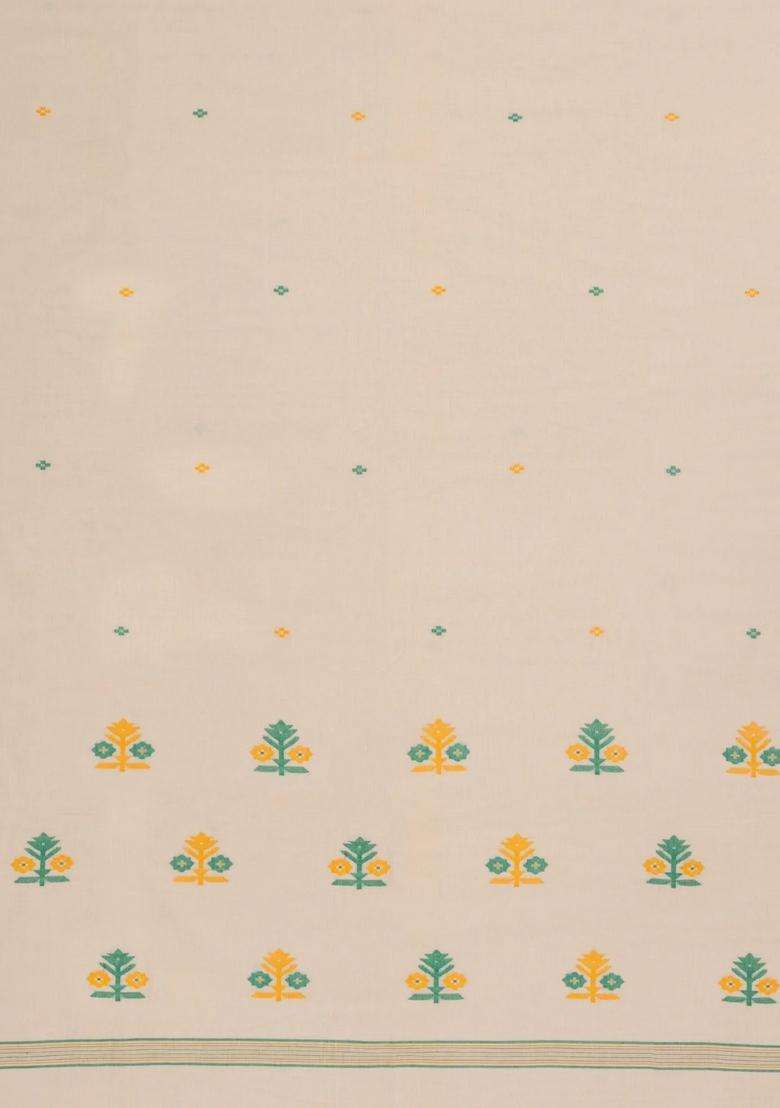 Taupe Handloom Bengal Cotton Saree With Cross Buttas With Buttas And Brocade Design For Women - Indya