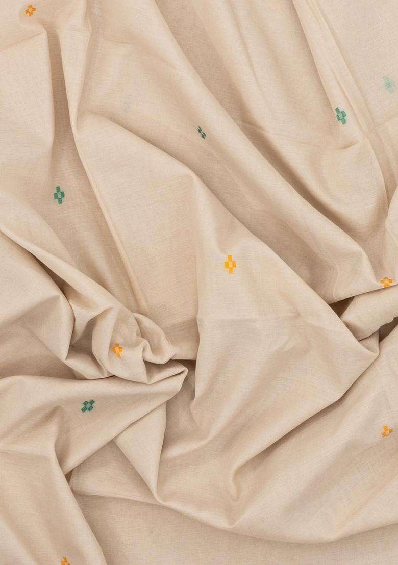 Taupe Handloom Bengal Cotton Saree With Cross Buttas With Buttas And Brocade Design For Women - Indya