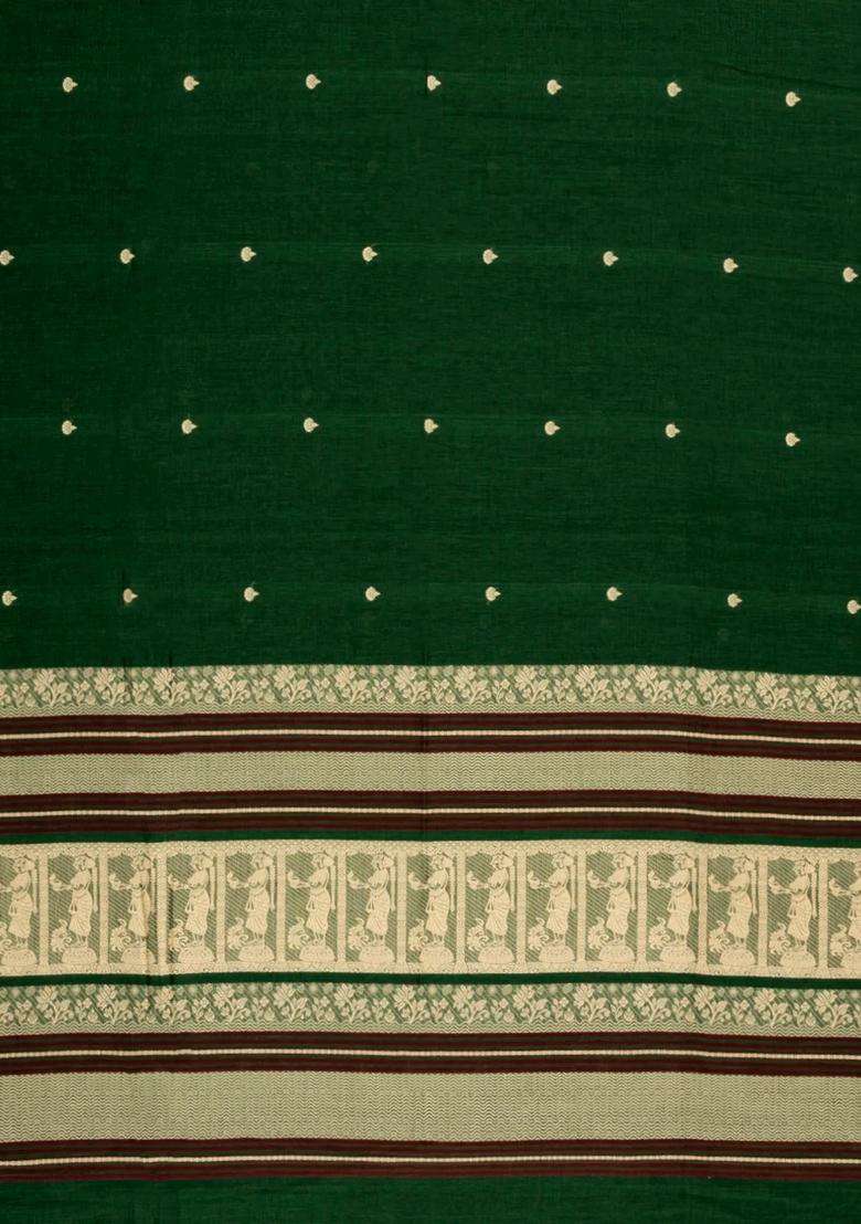 Dark Green Handloom Bengal Cotton Saree With Dia Buttas With Buttas And Brocade Design For Women - Indya
