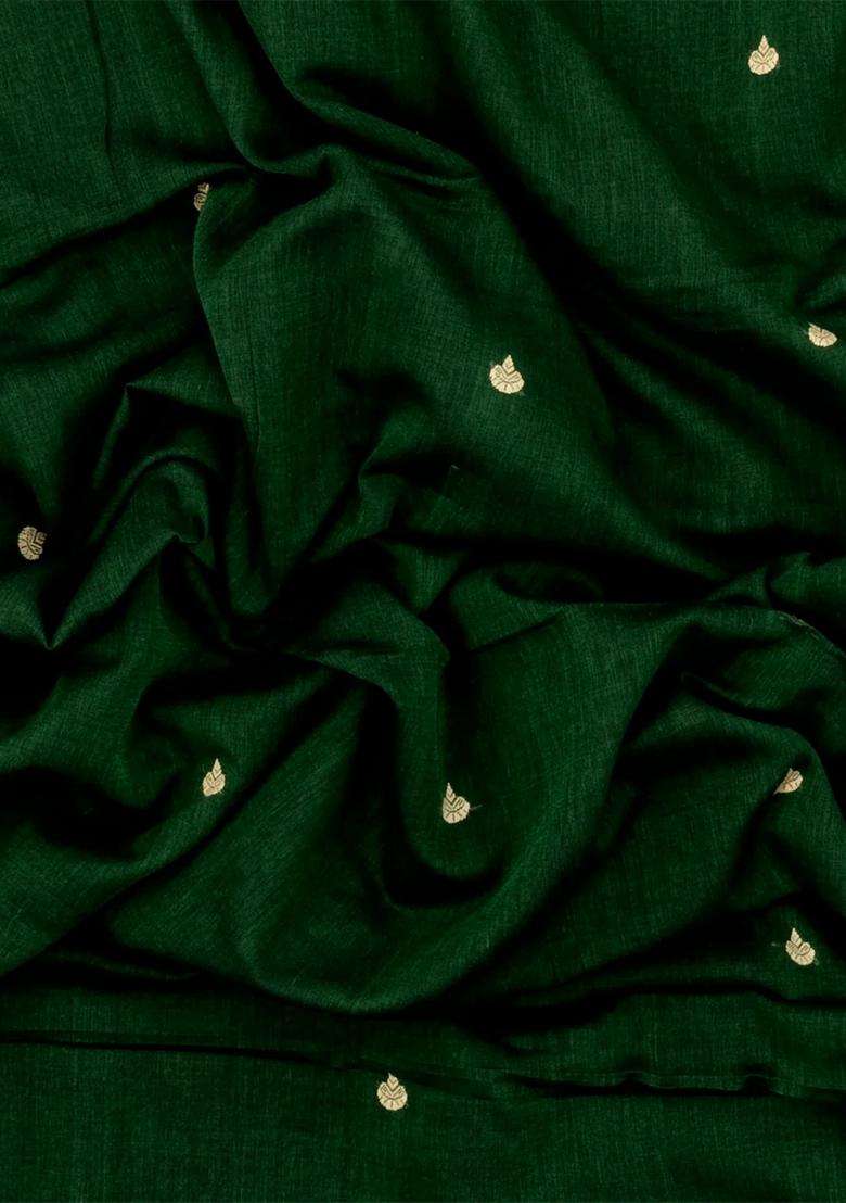 Dark Green Handloom Bengal Cotton Saree With Dia Buttas With Buttas And Brocade Design For Women - Indya