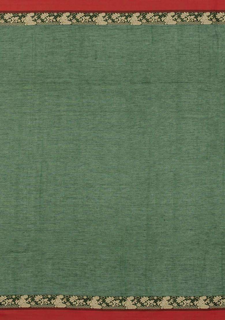 Dark Green Handloom Bengal Cotton Saree With Dia Buttas With Buttas And Brocade Design For Women - Indya
